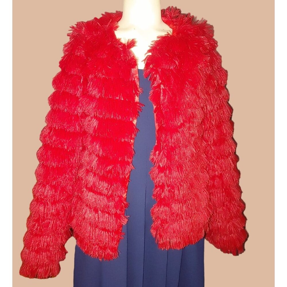 Red Faux Fur Jacket Shaggy Texture Flapper Small Short Coat Cover